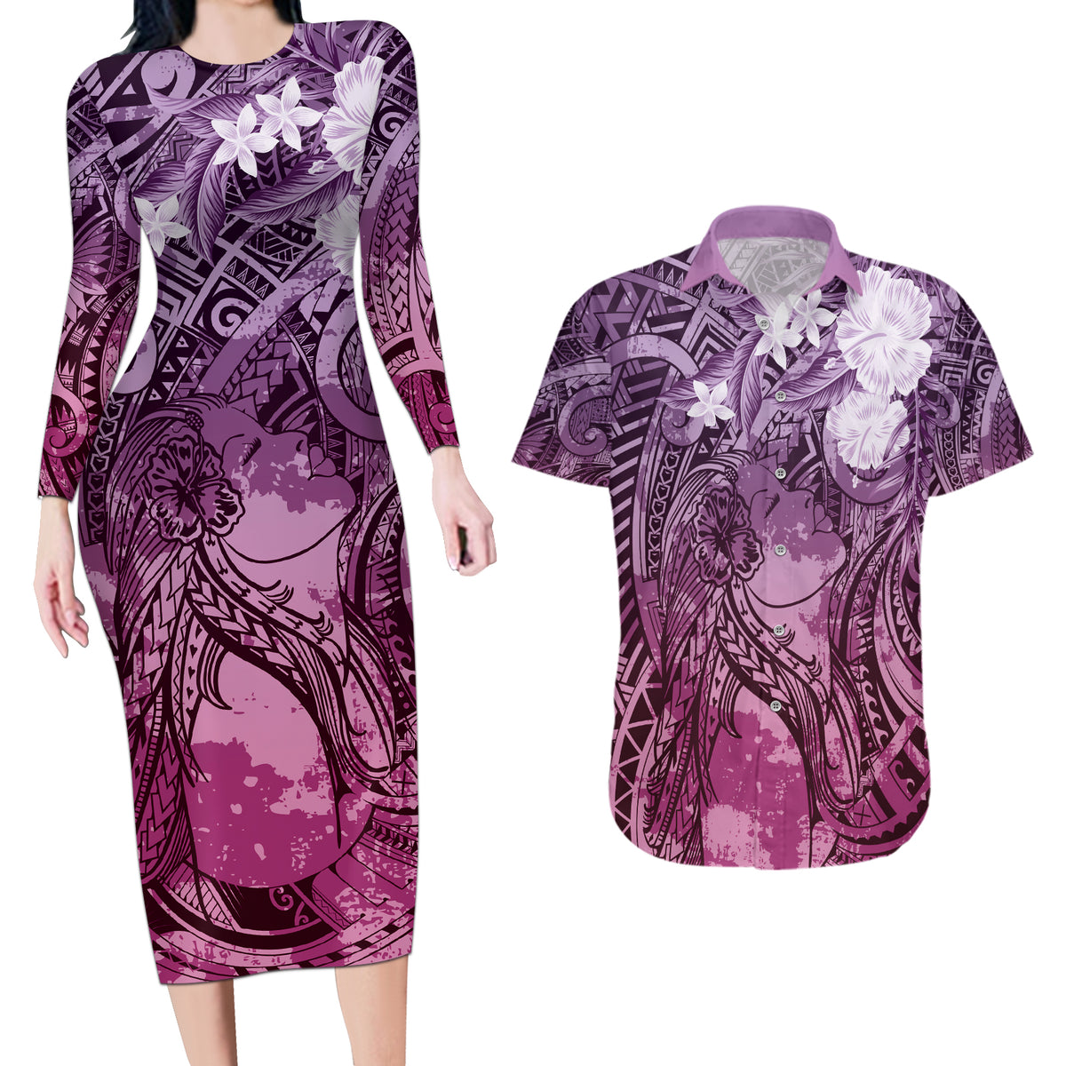 Pacific Beauty Girl Couples Matching Long Sleeve Bodycon Dress and Hawaiian Shirt Pink Polyneisan Tribal Vintage Motif LT9 Pink - Polynesian Pride