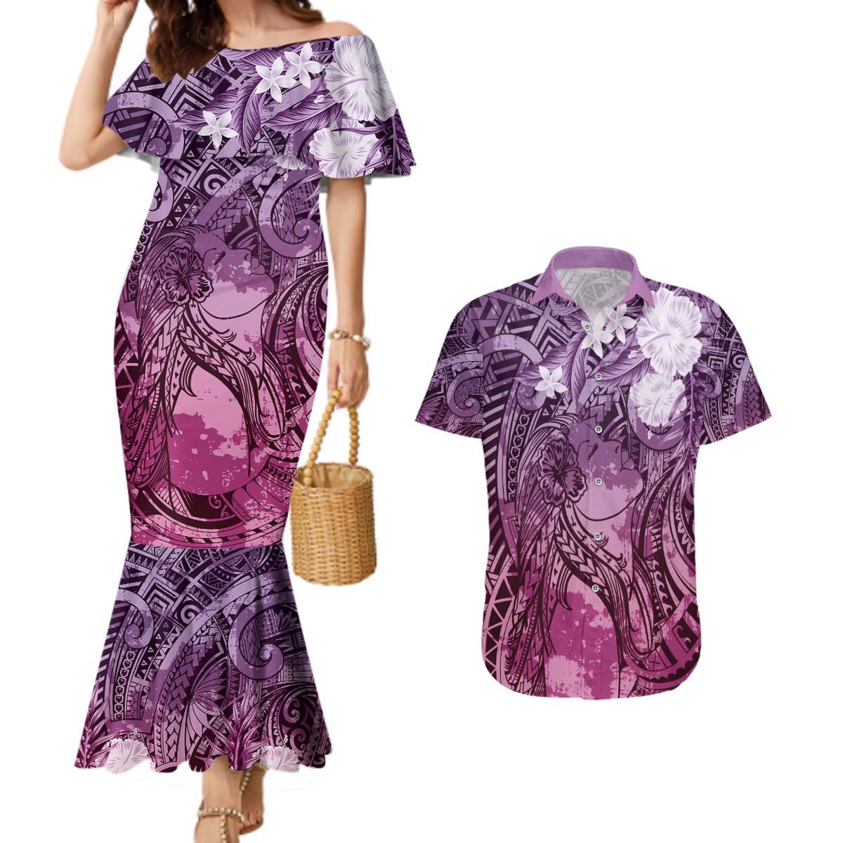 Pacific Beauty Girl Couples Matching Mermaid Dress and Hawaiian Shirt Pink Polyneisan Tribal Vintage Motif LT9 Pink - Polynesian Pride