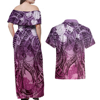 Pacific Beauty Girl Couples Matching Off Shoulder Maxi Dress and Hawaiian Shirt Pink Polyneisan Tribal Vintage Motif LT9 - Polynesian Pride