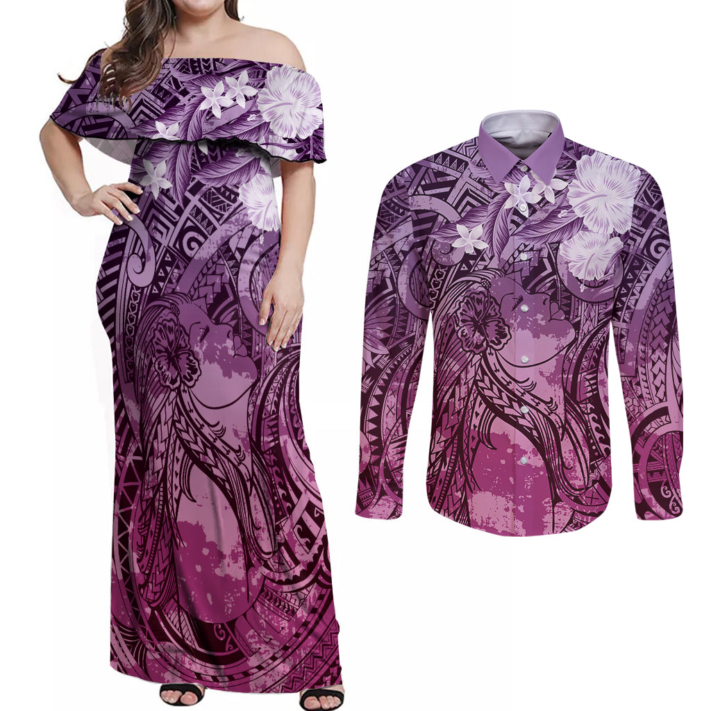 Pacific Beauty Girl Couples Matching Off Shoulder Maxi Dress and Long Sleeve Button Shirt Pink Polyneisan Tribal Vintage Motif LT9 Pink - Polynesian Pride