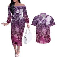 Pacific Beauty Girl Couples Matching Off The Shoulder Long Sleeve Dress and Hawaiian Shirt Pink Polyneisan Tribal Vintage Motif LT9 Pink - Polynesian Pride