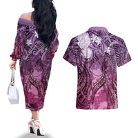Pacific Beauty Girl Couples Matching Off The Shoulder Long Sleeve Dress and Hawaiian Shirt Pink Polyneisan Tribal Vintage Motif LT9 - Polynesian Pride