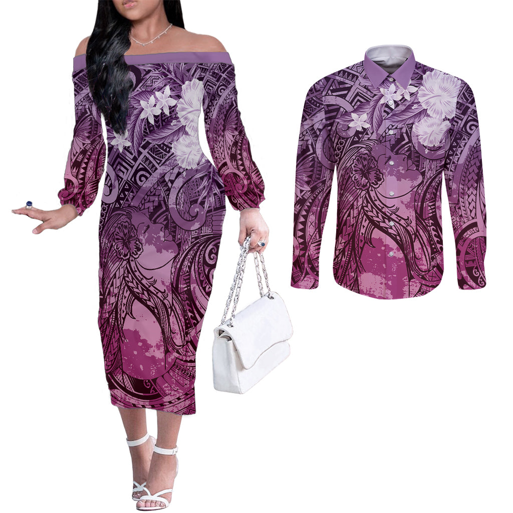 Pacific Beauty Girl Couples Matching Off The Shoulder Long Sleeve Dress and Long Sleeve Button Shirt Pink Polyneisan Tribal Vintage Motif LT9 Pink - Polynesian Pride