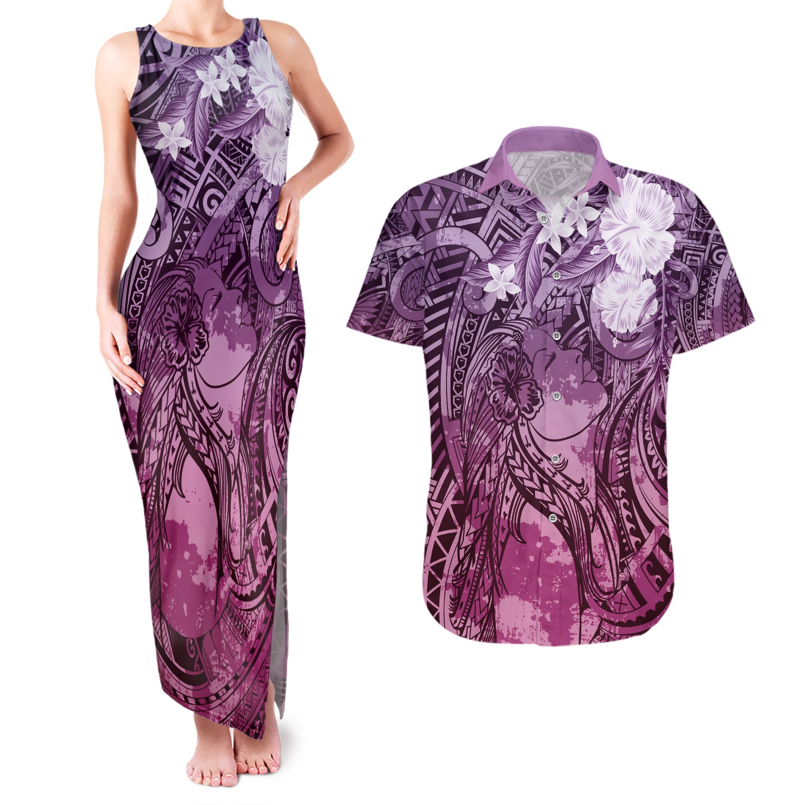 Pacific Beauty Girl Couples Matching Tank Maxi Dress and Hawaiian Shirt Pink Polyneisan Tribal Vintage Motif
