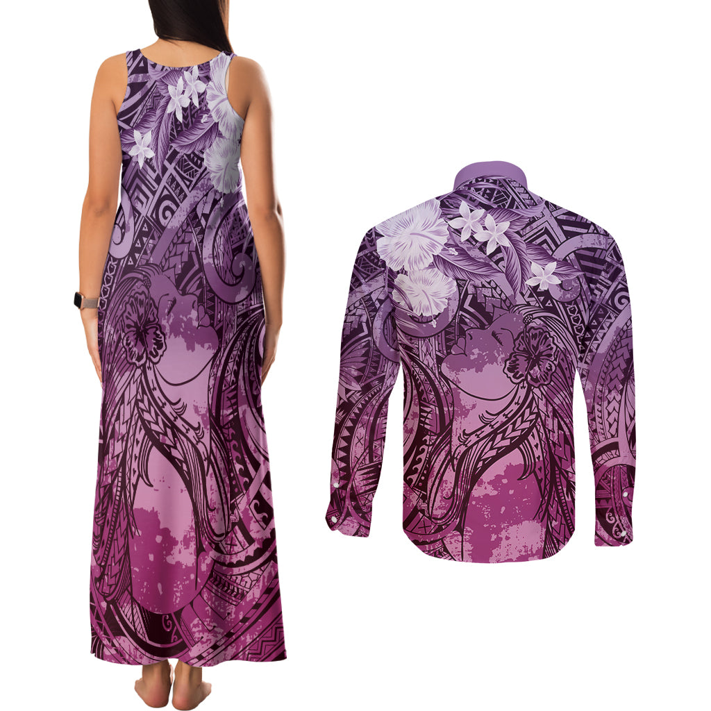 Pacific Beauty Girl Couples Matching Tank Maxi Dress and Long Sleeve Button Shirt Pink Polyneisan Tribal Vintage Motif LT9 - Polynesian Pride