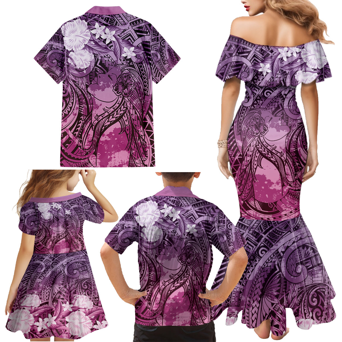Pacific Beauty Girl Family Matching Mermaid Dress and Hawaiian Shirt Pink Polyneisan Tribal Vintage Motif LT9 - Polynesian Pride