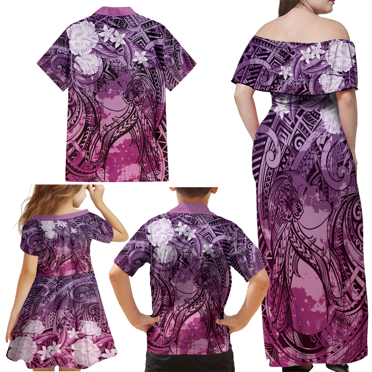 Pacific Beauty Girl Family Matching Off Shoulder Maxi Dress and Hawaiian Shirt Pink Polyneisan Tribal Vintage Motif LT9 - Polynesian Pride
