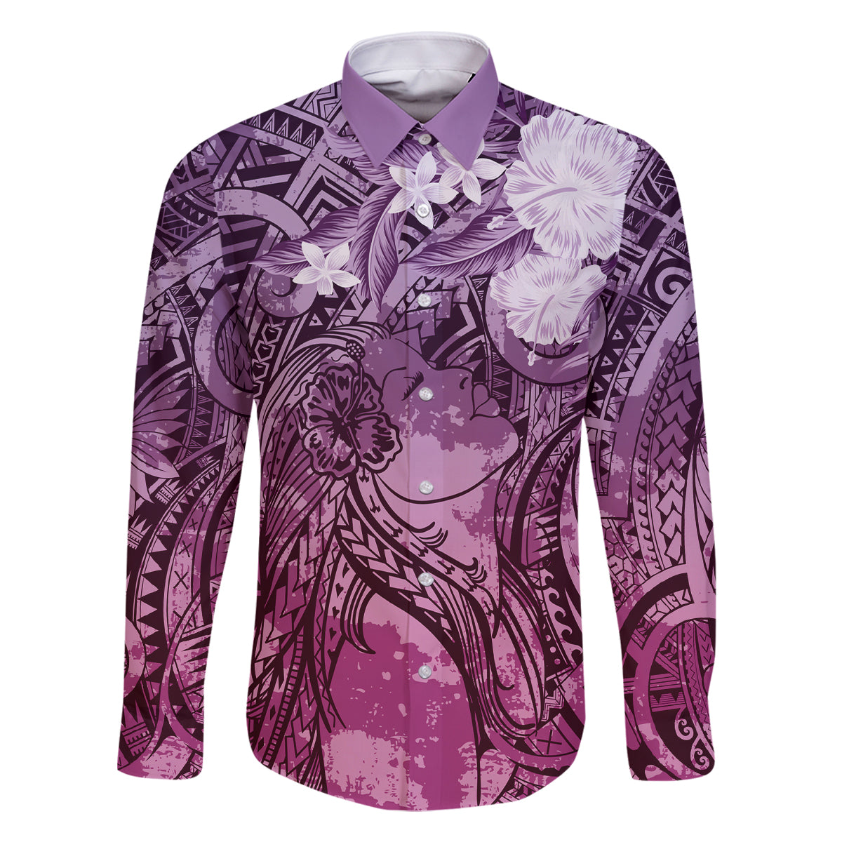 Pacific Beauty Girl Family Matching Off Shoulder Maxi Dress and Hawaiian Shirt Pink Polyneisan Tribal Vintage Motif LT9 Dad's Shirt - Long Sleeve Pink - Polynesian Pride