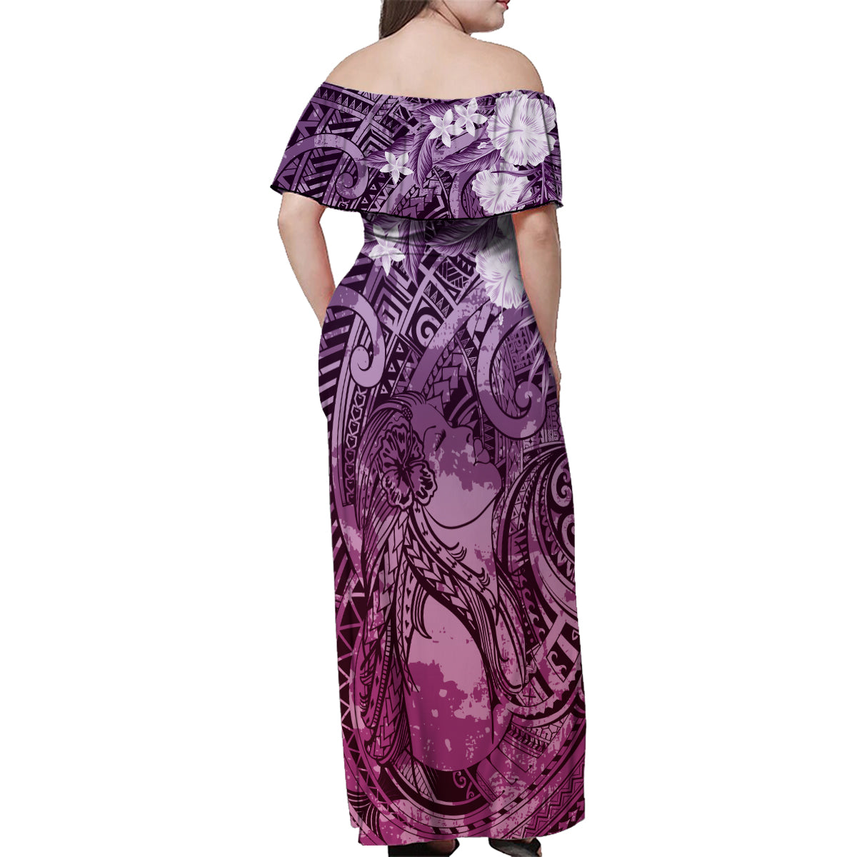 Pacific Beauty Girl Family Matching Off Shoulder Maxi Dress and Hawaiian Shirt Pink Polyneisan Tribal Vintage Motif LT9 - Polynesian Pride
