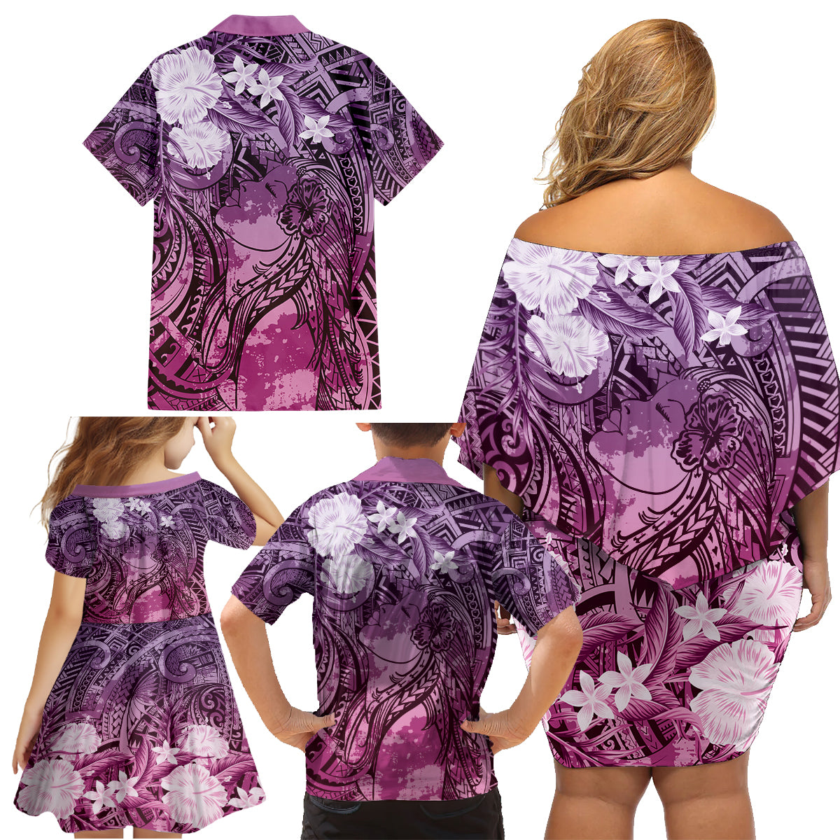 Pacific Beauty Girl Family Matching Off Shoulder Short Dress and Hawaiian Shirt Pink Polyneisan Tribal Vintage Motif LT9 - Polynesian Pride