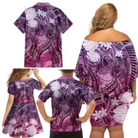 Pacific Beauty Girl Family Matching Off Shoulder Short Dress and Hawaiian Shirt Pink Polyneisan Tribal Vintage Motif LT9 - Polynesian Pride