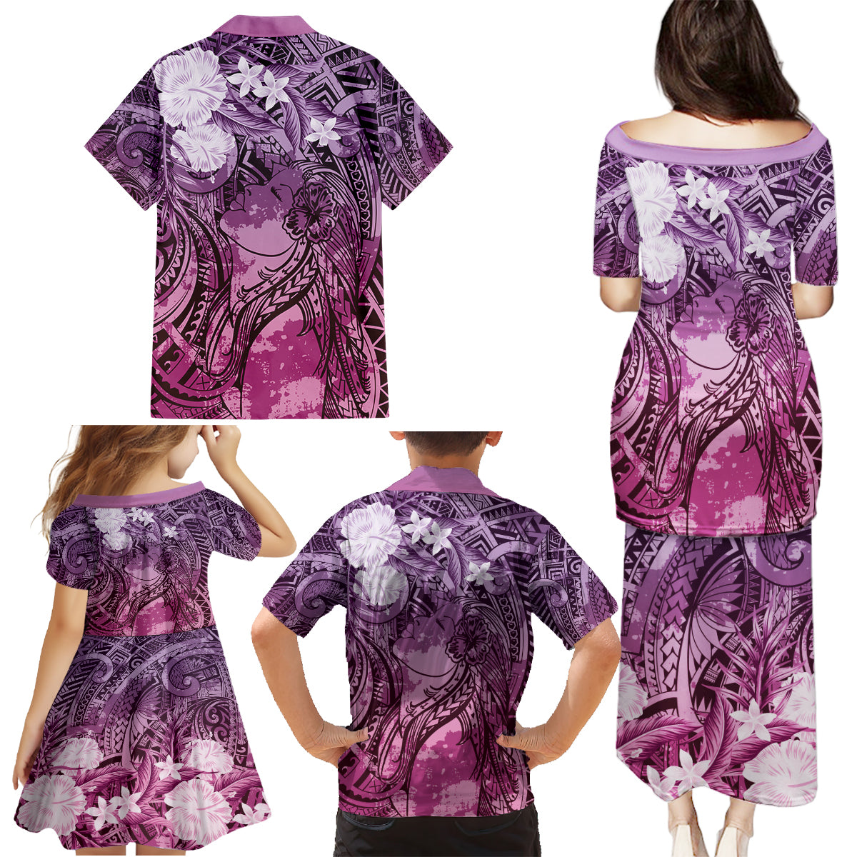 Pacific Beauty Girl Family Matching Puletasi and Hawaiian Shirt Pink Polyneisan Tribal Vintage Motif LT9 - Polynesian Pride