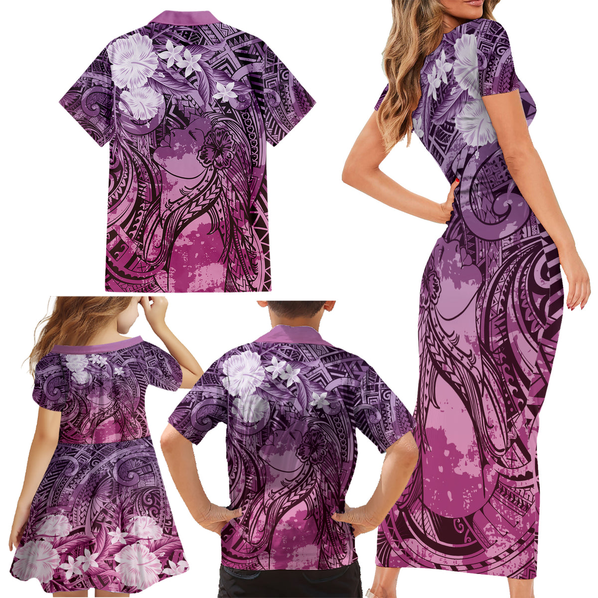 Pacific Beauty Girl Family Matching Short Sleeve Bodycon Dress and Hawaiian Shirt Pink Polyneisan Tribal Vintage Motif LT9 - Polynesian Pride