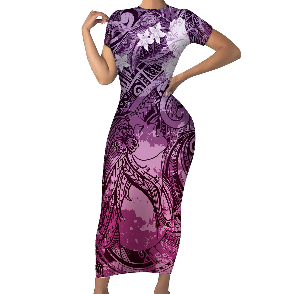 Pacific Beauty Girl Family Matching Short Sleeve Bodycon Dress and Hawaiian Shirt Pink Polyneisan Tribal Vintage Motif LT9 Mom's Dress Pink - Polynesian Pride