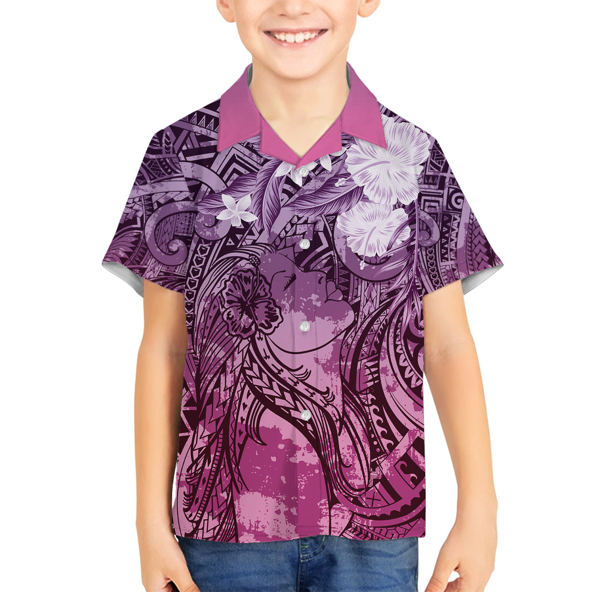 Pacific Beauty Girl Family Matching Summer Maxi Dress and Hawaiian Shirt Pink Polyneisan Tribal Vintage Motif LT9 Son's Shirt Pink - Polynesian Pride