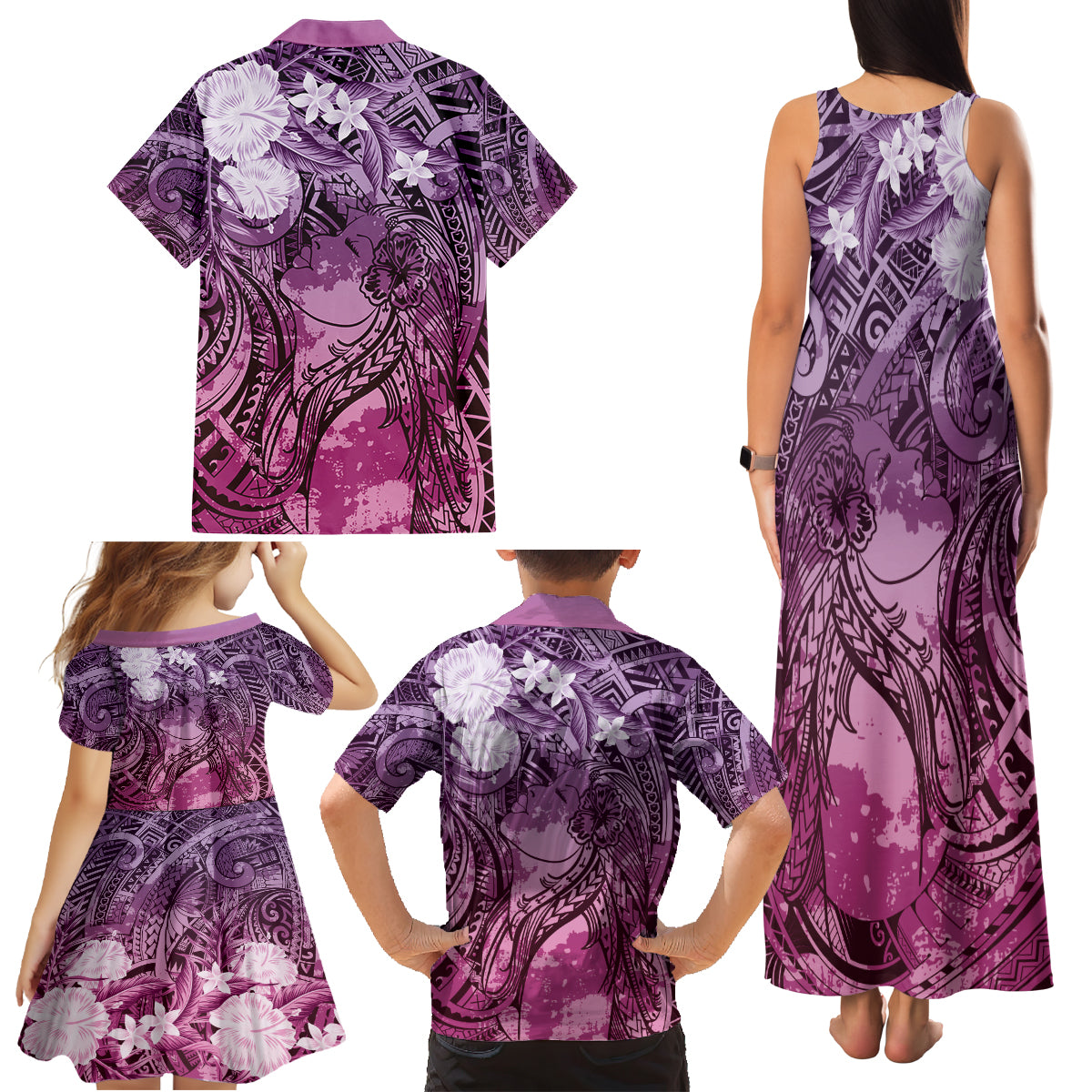 Pacific Beauty Girl Family Matching Tank Maxi Dress and Hawaiian Shirt Pink Polyneisan Tribal Vintage Motif LT9 - Polynesian Pride