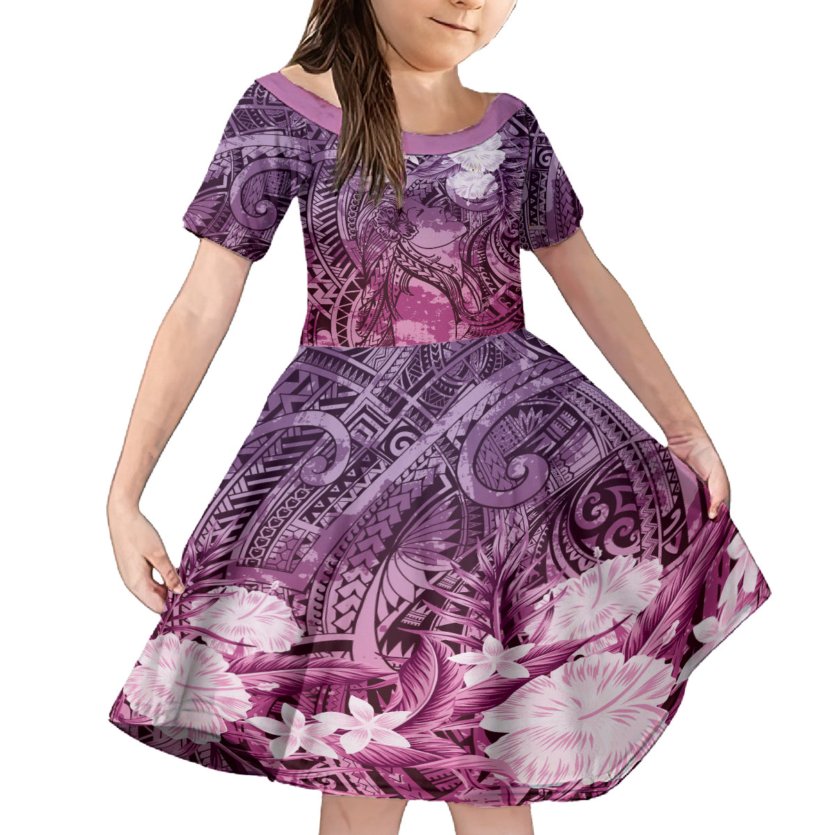 Pacific Beauty Girl Kid Short Sleeve Dress Pink Polyneisan Tribal Vintage Motif