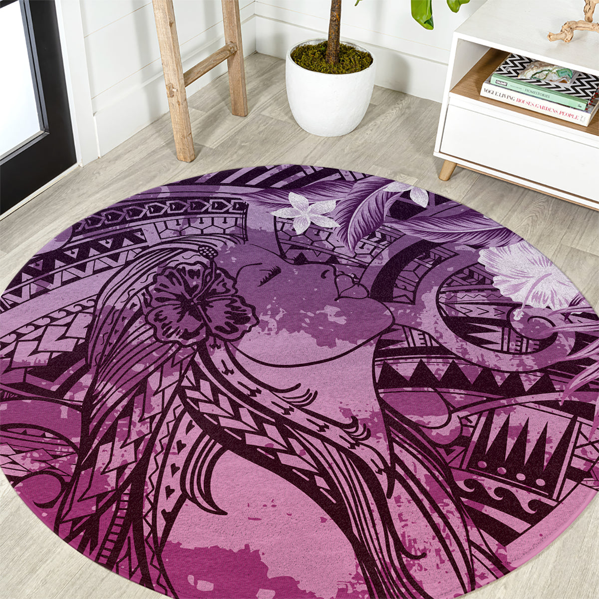 Pacific Beauty Girl Round Carpet Pink Polyneisan Tribal Vintage Motif LT9 Pink - Polynesian Pride