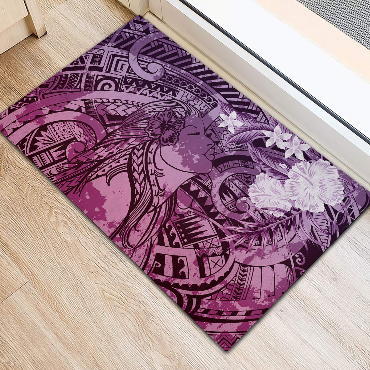 Pacific Beauty Girl Rubber Doormat Pink Polyneisan Tribal Vintage Motif