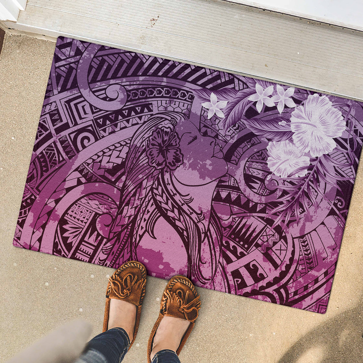 Pacific Beauty Girl Rubber Doormat Pink Polyneisan Tribal Vintage Motif