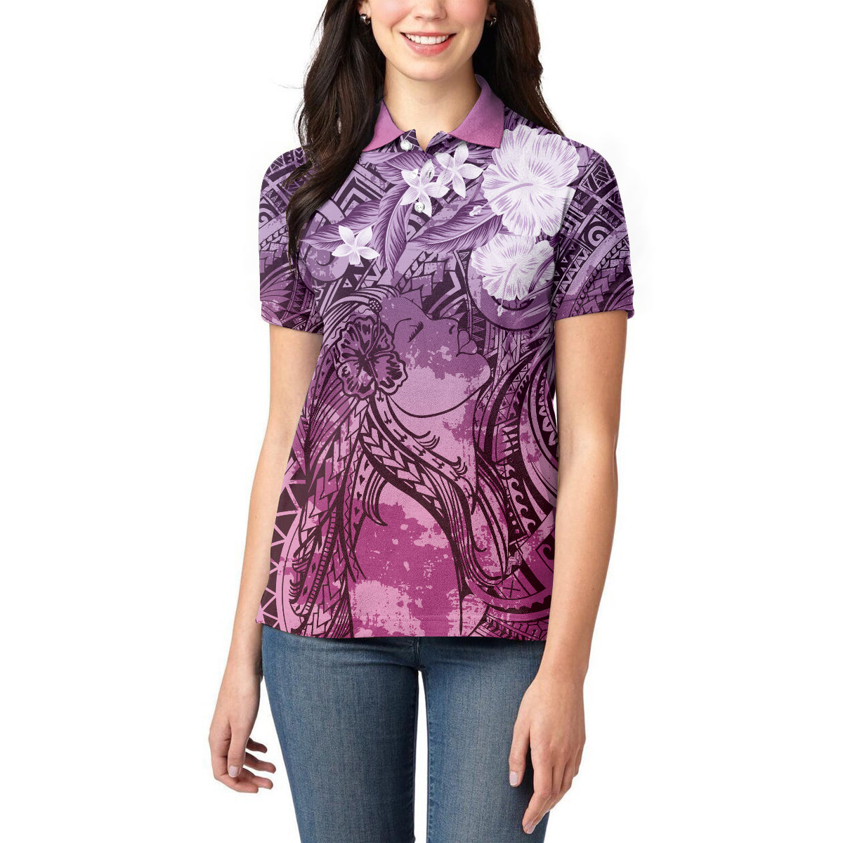 Pacific Beauty Girl Women Polo Shirt Pink Polyneisan Tribal Vintage Motif LT9 - Polynesian Pride