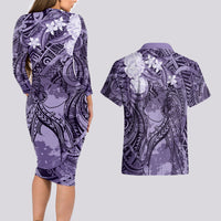 Pacific Beauty Girl Couples Matching Long Sleeve Bodycon Dress and Hawaiian Shirt Violet Polyneisan Tribal Vintage Motif LT9 - Polynesian Pride