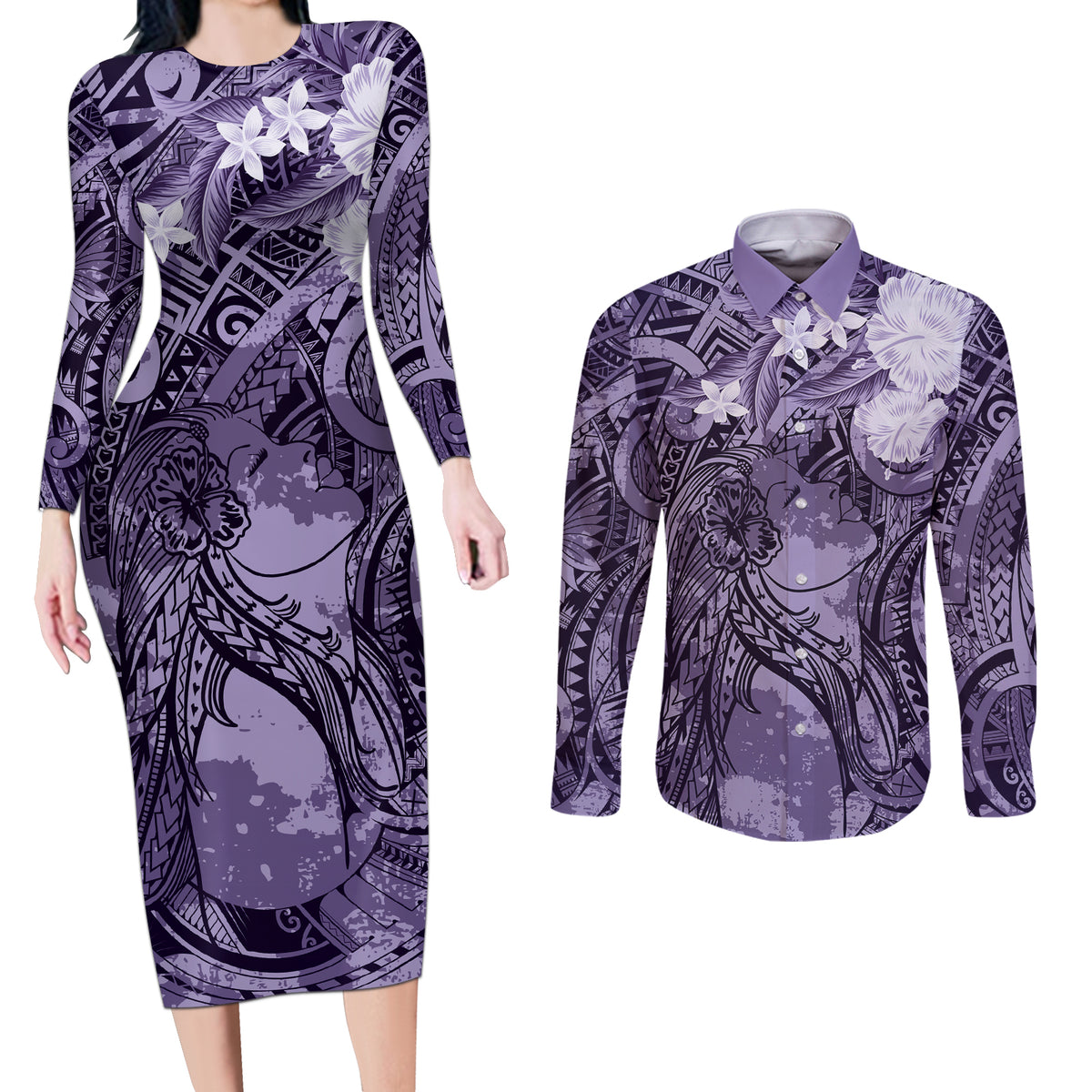 Pacific Beauty Girl Couples Matching Long Sleeve Bodycon Dress and Long Sleeve Button Shirt Violet Polyneisan Tribal Vintage Motif LT9 Violet - Polynesian Pride