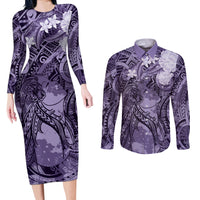 Pacific Beauty Girl Couples Matching Long Sleeve Bodycon Dress and Long Sleeve Button Shirt Violet Polyneisan Tribal Vintage Motif LT9 Violet - Polynesian Pride