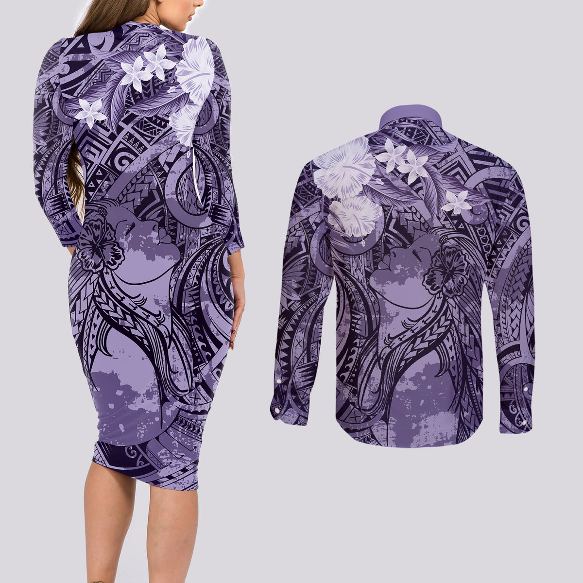 Pacific Beauty Girl Couples Matching Long Sleeve Bodycon Dress and Long Sleeve Button Shirt Violet Polyneisan Tribal Vintage Motif LT9 - Polynesian Pride