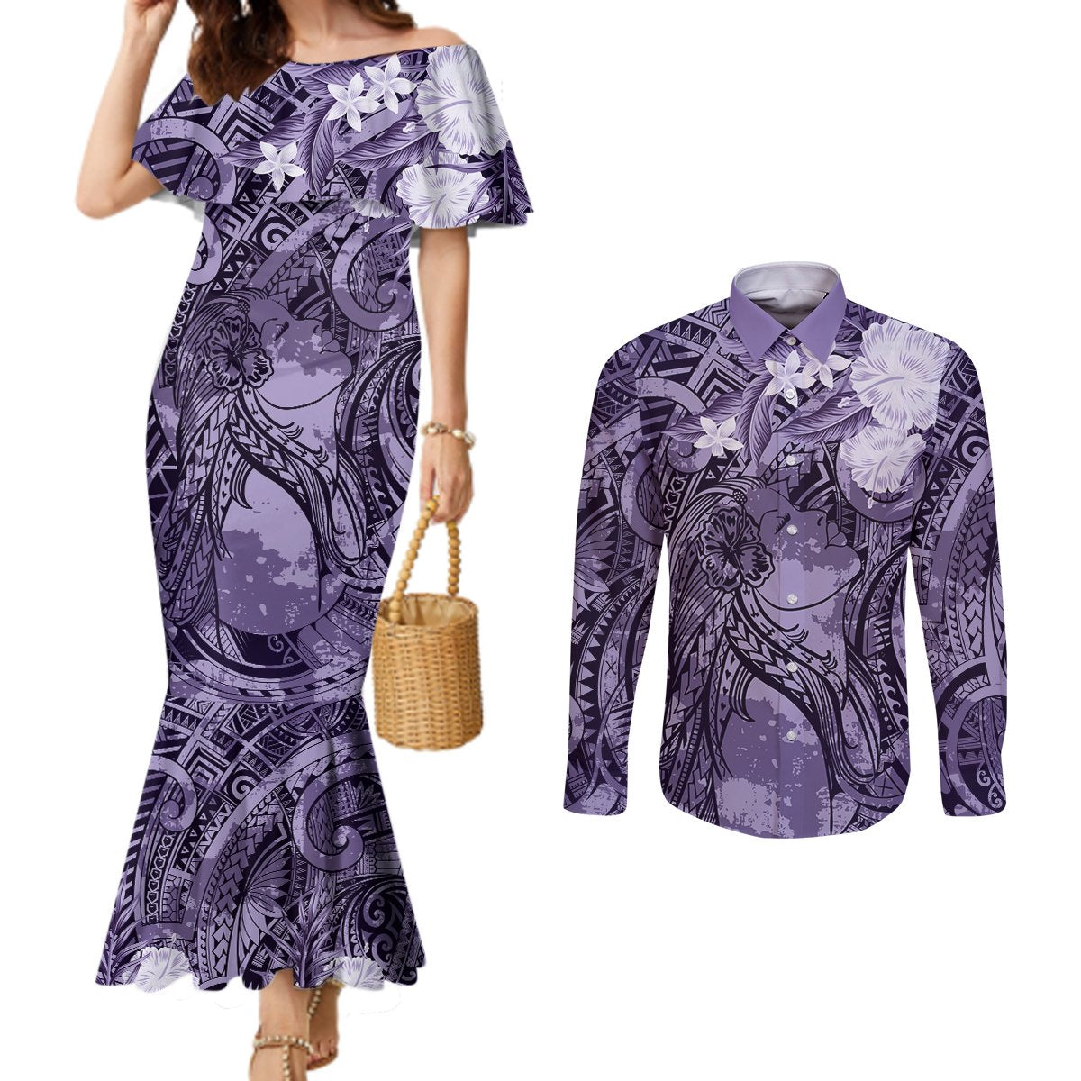 Pacific Beauty Girl Couples Matching Mermaid Dress and Long Sleeve Button Shirt Violet Polyneisan Tribal Vintage Motif LT9 Violet - Polynesian Pride