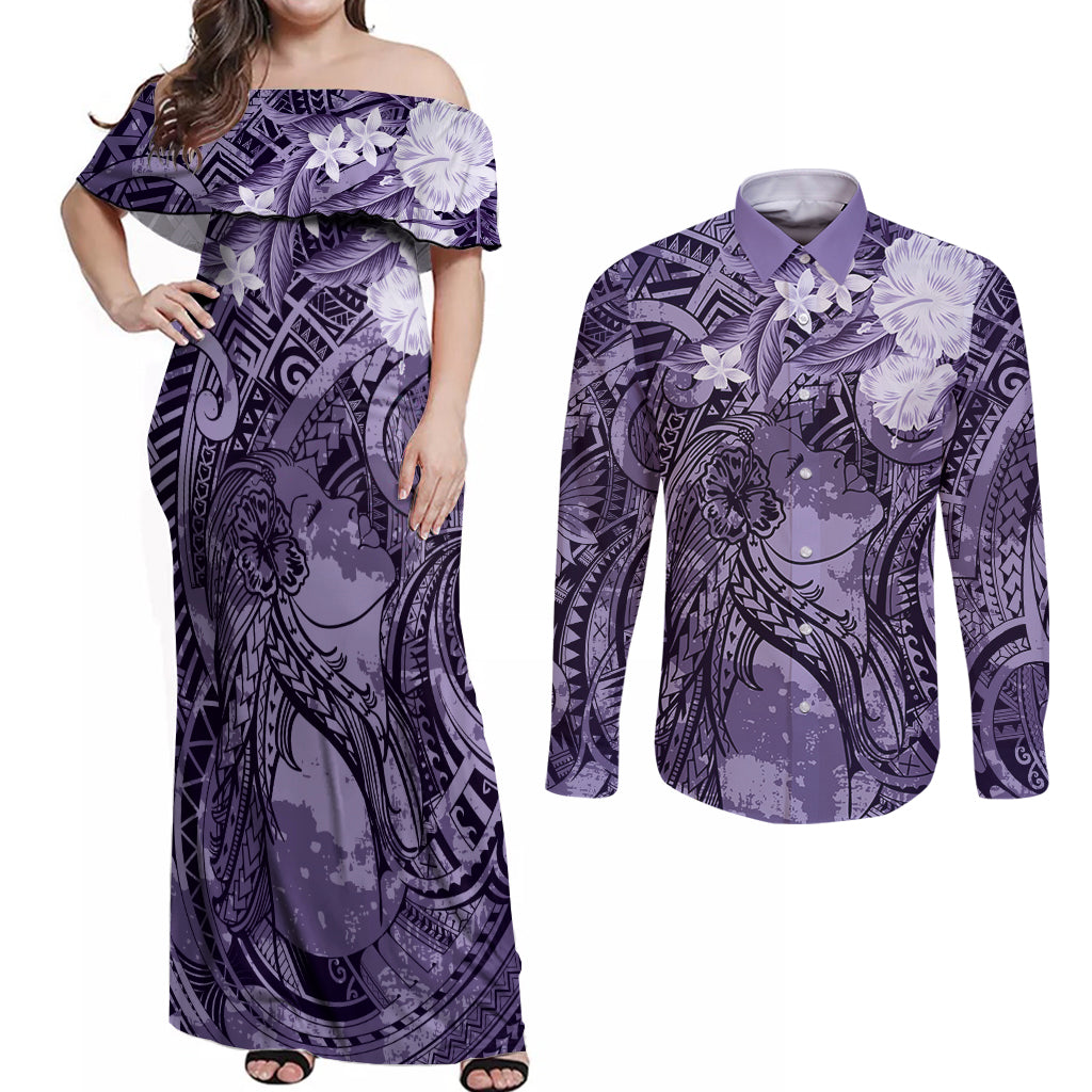 Pacific Beauty Girl Couples Matching Off Shoulder Maxi Dress and Long Sleeve Button Shirt Violet Polyneisan Tribal Vintage Motif LT9 Violet - Polynesian Pride