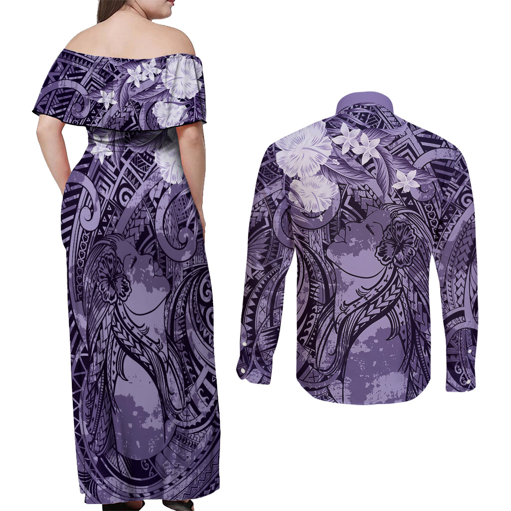 Pacific Beauty Girl Couples Matching Off Shoulder Maxi Dress and Long Sleeve Button Shirt Violet Polyneisan Tribal Vintage Motif LT9 - Polynesian Pride