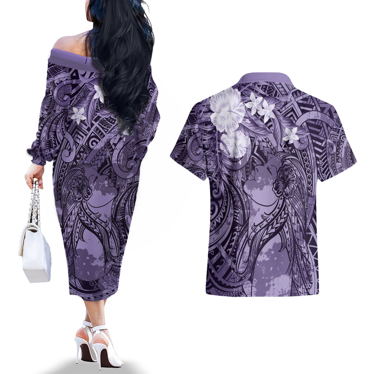 Pacific Beauty Girl Couples Matching Off The Shoulder Long Sleeve Dress and Hawaiian Shirt Violet Polyneisan Tribal Vintage Motif LT9 - Polynesian Pride