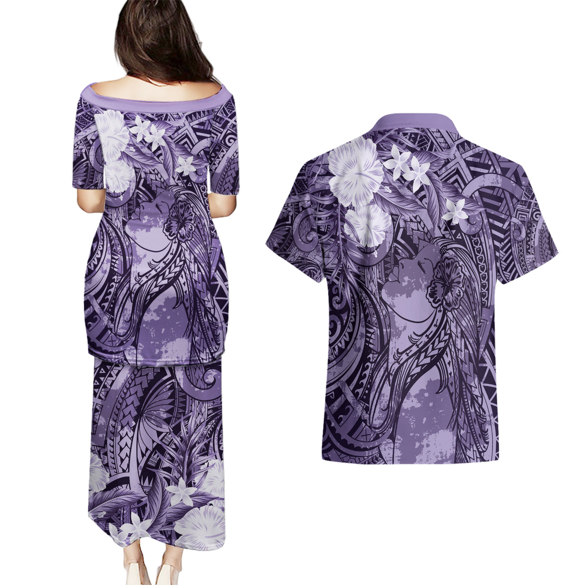 Pacific Beauty Girl Couples Matching Puletasi and Hawaiian Shirt Violet Polyneisan Tribal Vintage Motif LT9 - Polynesian Pride