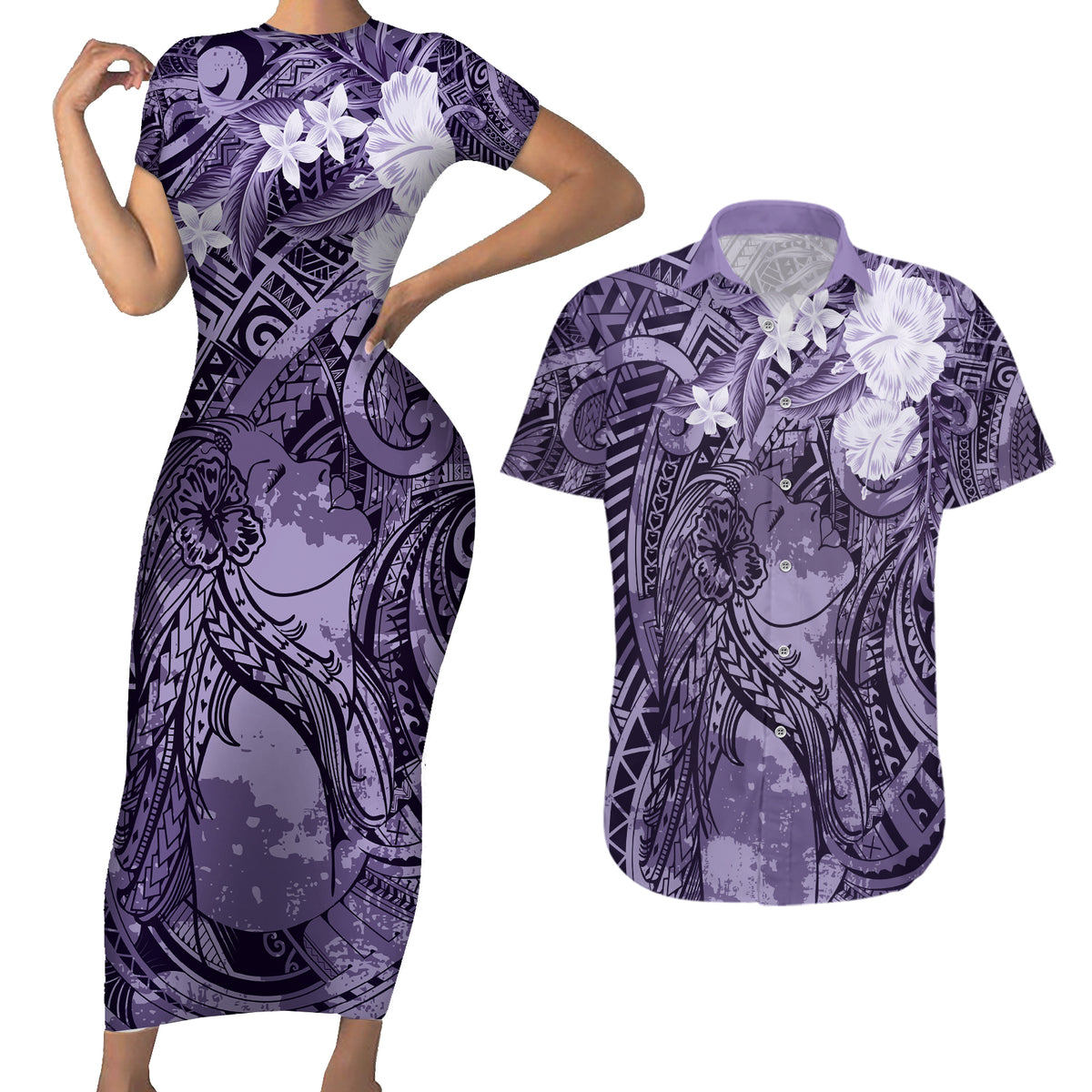Pacific Beauty Girl Couples Matching Short Sleeve Bodycon Dress and Hawaiian Shirt Violet Polyneisan Tribal Vintage Motif LT9 Violet - Polynesian Pride