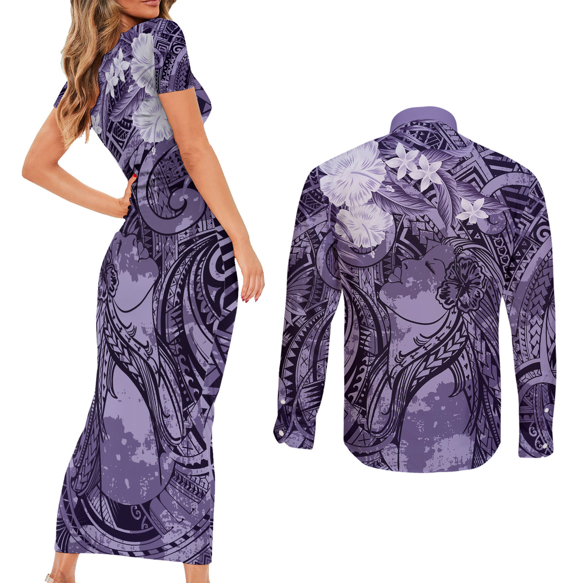 Pacific Beauty Girl Couples Matching Short Sleeve Bodycon Dress and Long Sleeve Button Shirt Violet Polyneisan Tribal Vintage Motif LT9 - Polynesian Pride