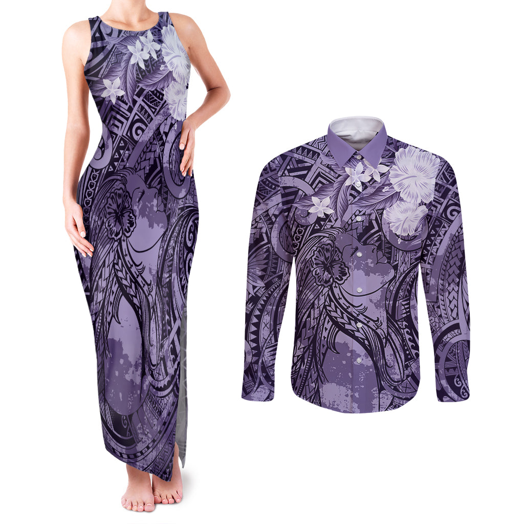 Pacific Beauty Girl Couples Matching Tank Maxi Dress and Long Sleeve Button Shirt Violet Polyneisan Tribal Vintage Motif