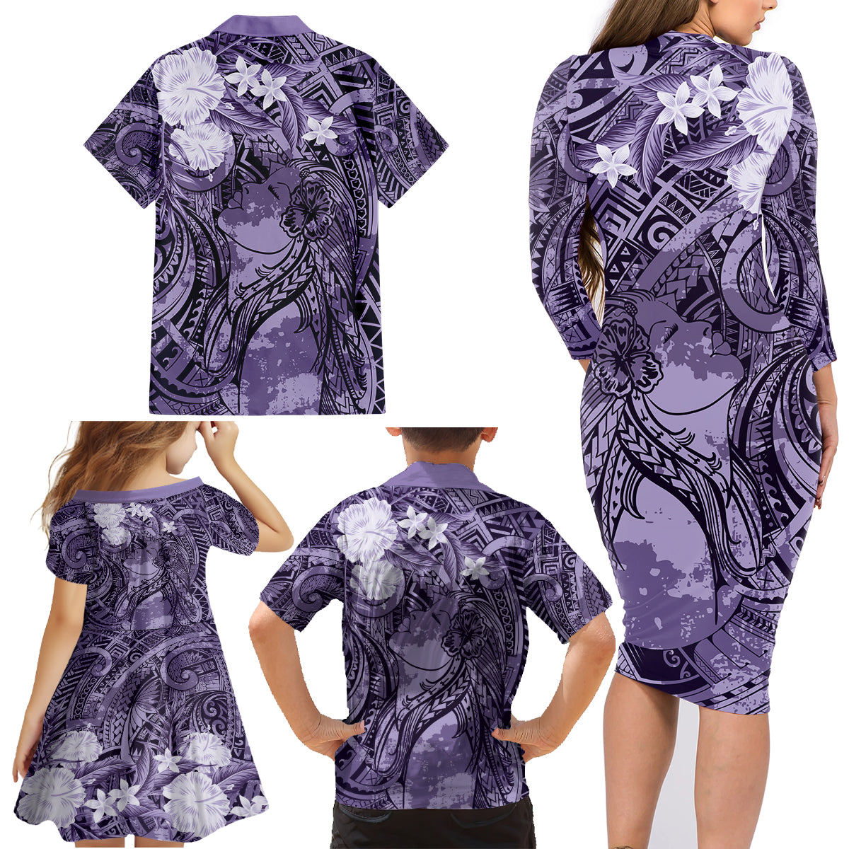 Pacific Beauty Girl Family Matching Long Sleeve Bodycon Dress and Hawaiian Shirt Violet Polyneisan Tribal Vintage Motif LT9 - Polynesian Pride