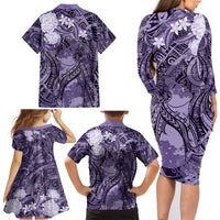 Pacific Beauty Girl Family Matching Long Sleeve Bodycon Dress and Hawaiian Shirt Violet Polyneisan Tribal Vintage Motif LT9 - Polynesian Pride