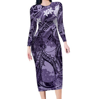 Pacific Beauty Girl Family Matching Long Sleeve Bodycon Dress and Hawaiian Shirt Violet Polyneisan Tribal Vintage Motif LT9 Mom's Dress Violet - Polynesian Pride