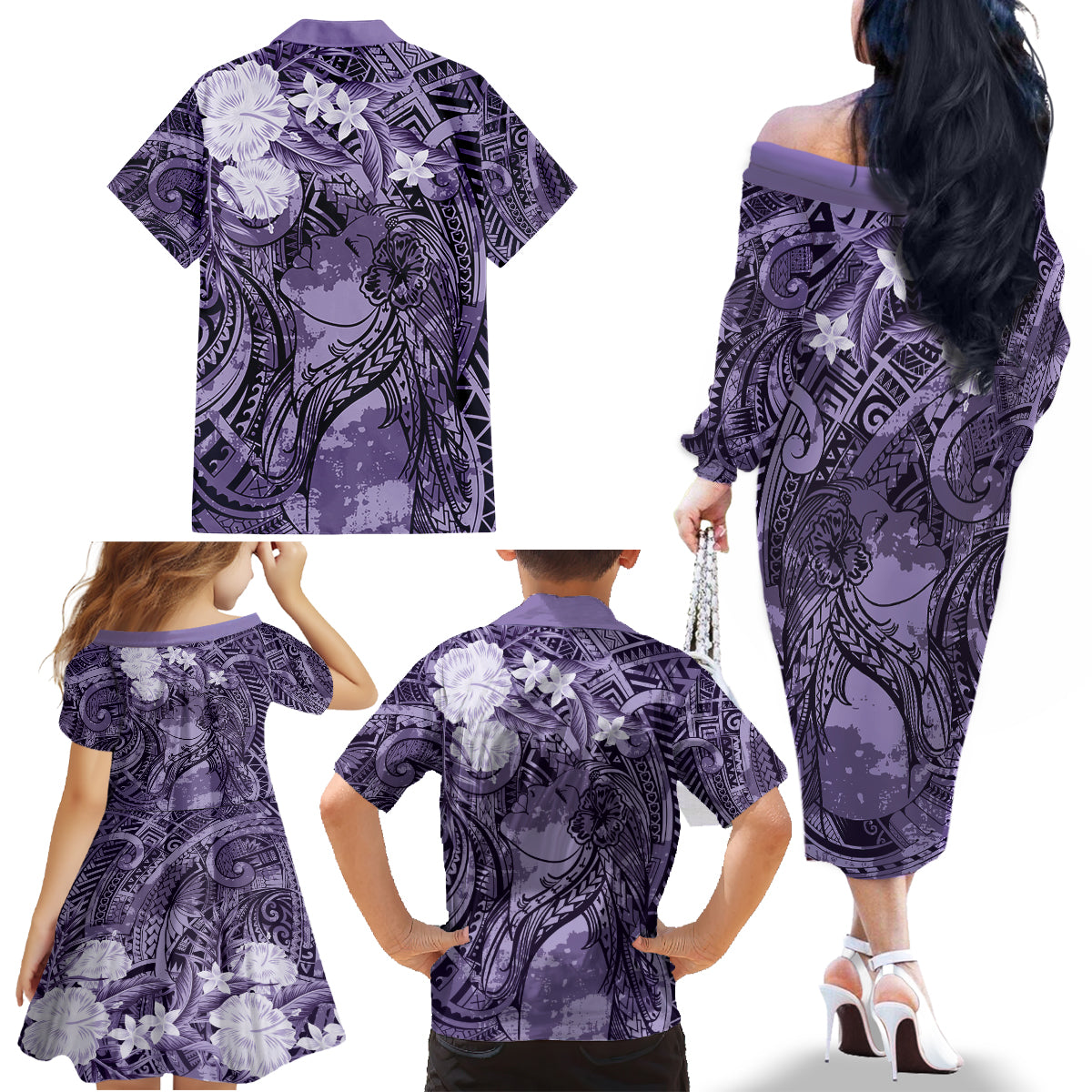 Pacific Beauty Girl Family Matching Off The Shoulder Long Sleeve Dress and Hawaiian Shirt Violet Polyneisan Tribal Vintage Motif LT9 - Polynesian Pride