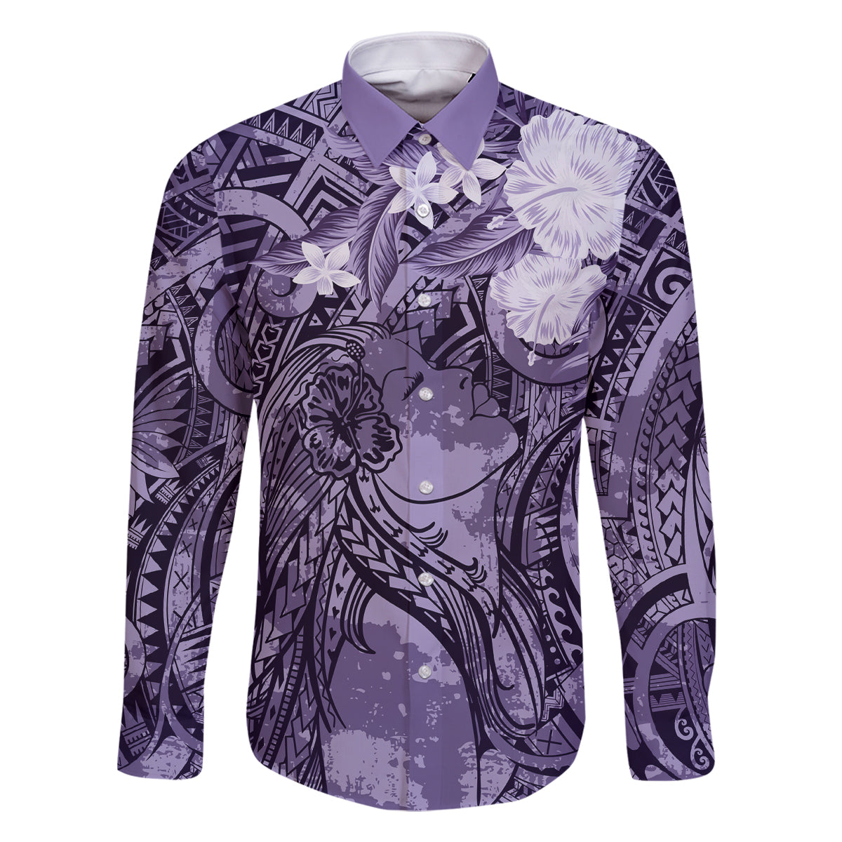 Pacific Beauty Girl Family Matching Off Shoulder Maxi Dress and Hawaiian Shirt Violet Polyneisan Tribal Vintage Motif LT9 Dad's Shirt - Long Sleeve Violet - Polynesian Pride