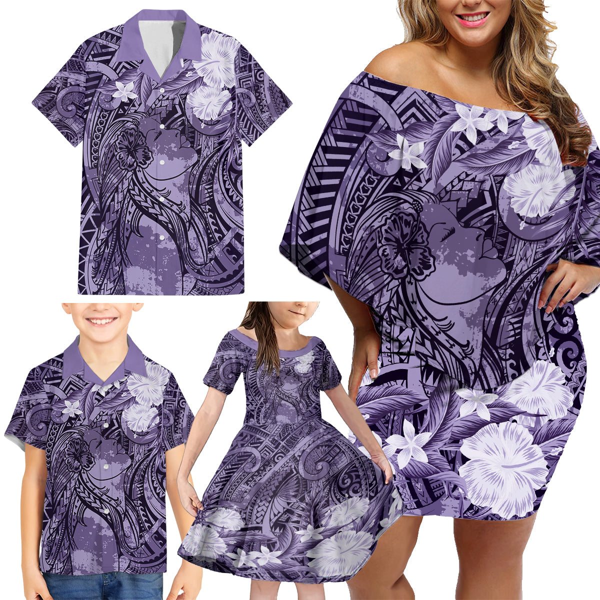 Pacific Beauty Girl Family Matching Off Shoulder Short Dress and Hawaiian Shirt Violet Polyneisan Tribal Vintage Motif LT9 - Polynesian Pride