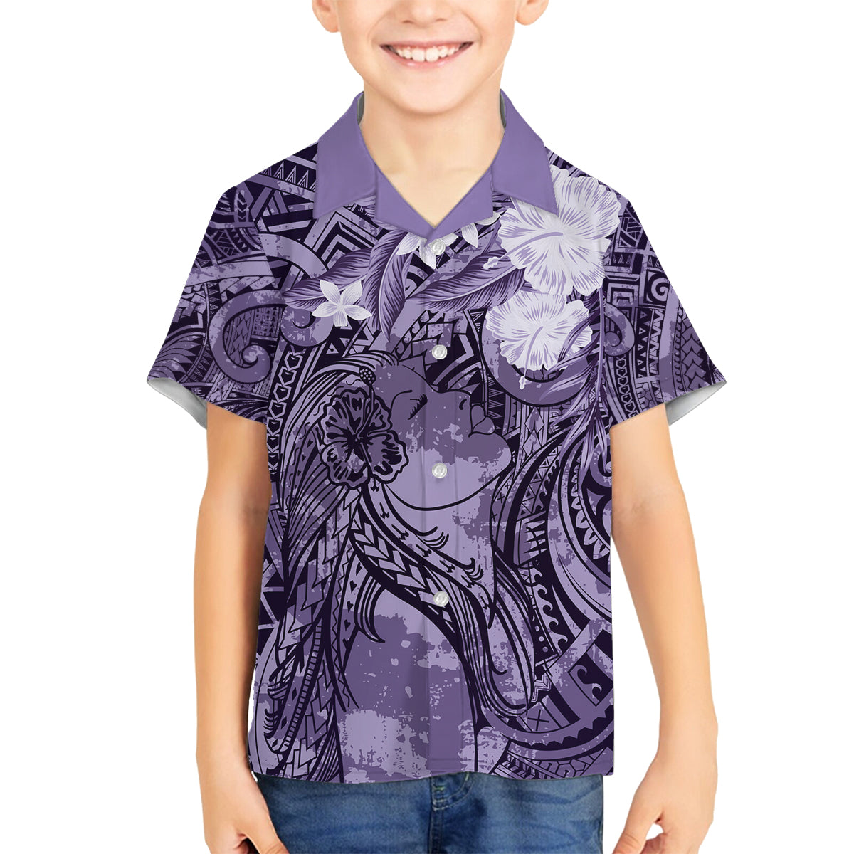 Pacific Beauty Girl Family Matching Off Shoulder Short Dress and Hawaiian Shirt Violet Polyneisan Tribal Vintage Motif LT9 Son's Shirt Violet - Polynesian Pride