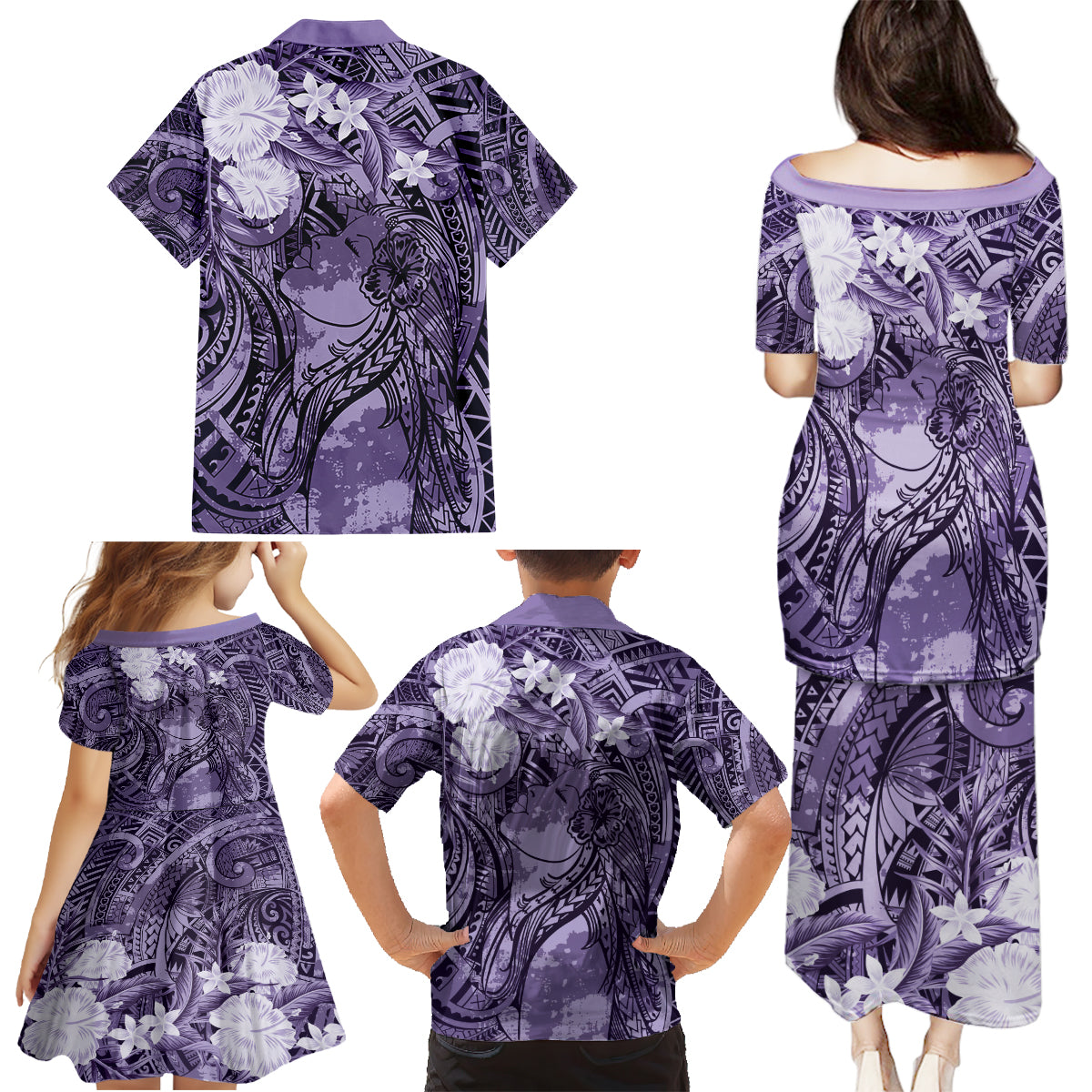 Pacific Beauty Girl Family Matching Puletasi and Hawaiian Shirt Violet Polyneisan Tribal Vintage Motif LT9 - Polynesian Pride