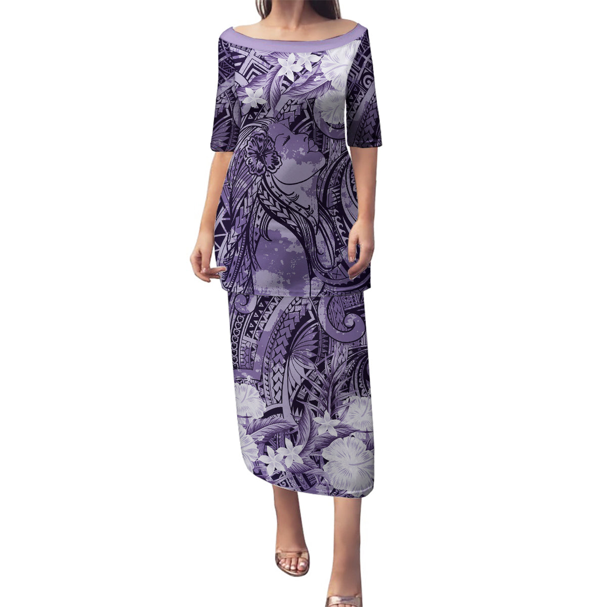 Pacific Beauty Girl Family Matching Puletasi and Hawaiian Shirt Violet Polyneisan Tribal Vintage Motif LT9 Mom's Dress Violet - Polynesian Pride
