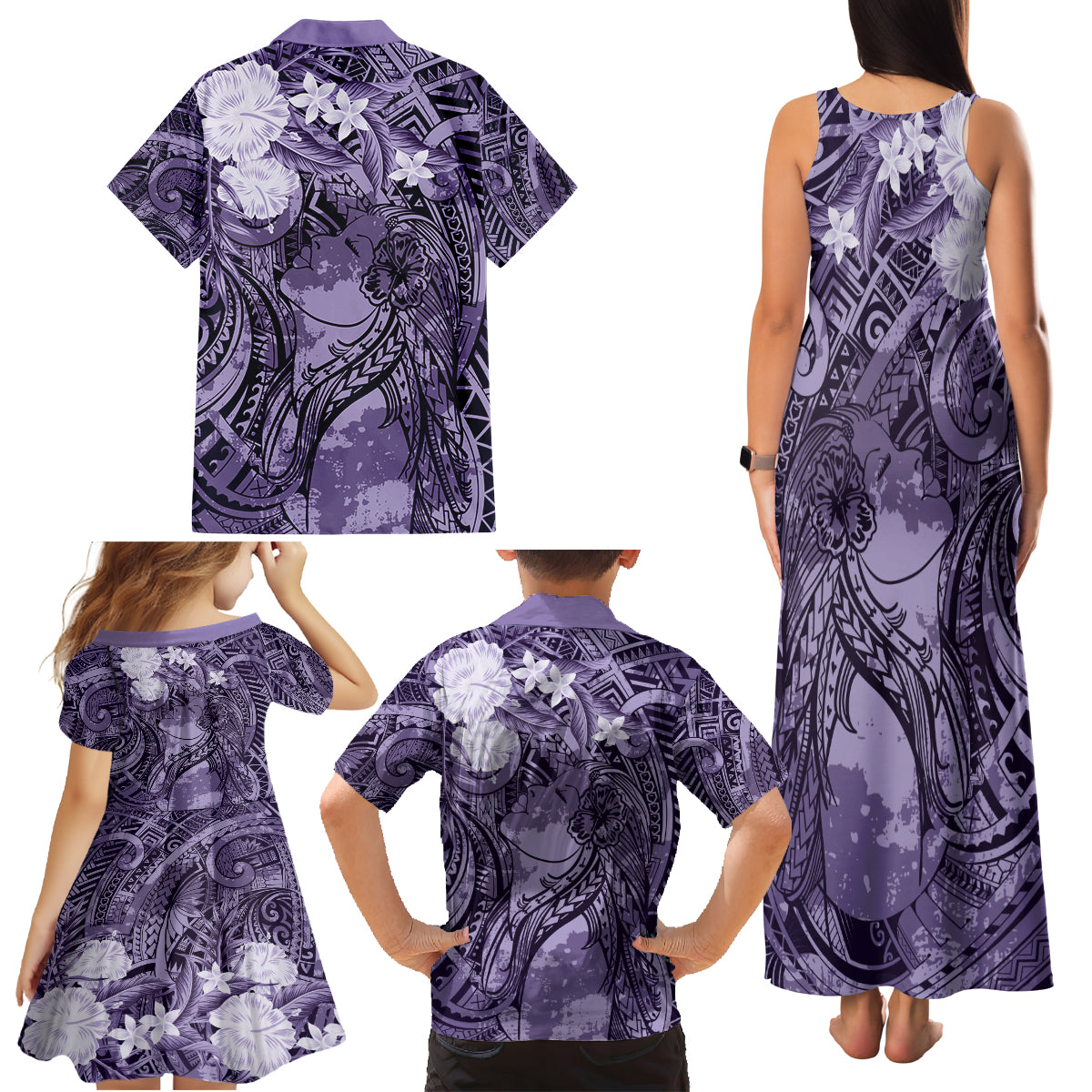 Pacific Beauty Girl Family Matching Tank Maxi Dress and Hawaiian Shirt Violet Polyneisan Tribal Vintage Motif LT9 - Polynesian Pride