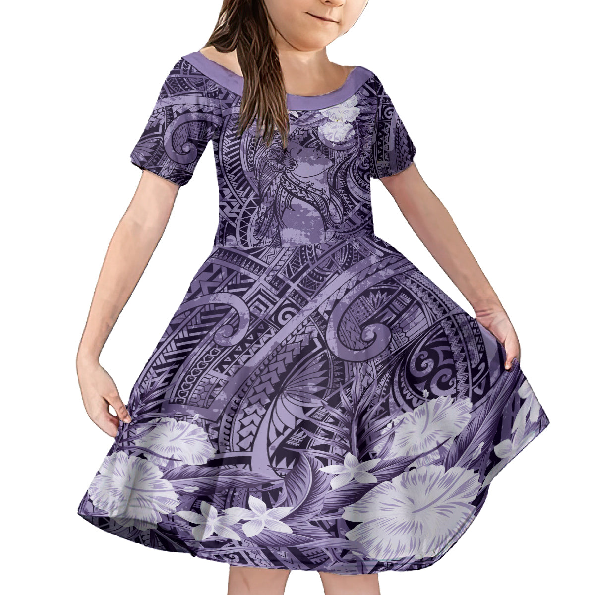 Pacific Beauty Girl Kid Short Sleeve Dress Violet Polyneisan Tribal Vintage Motif