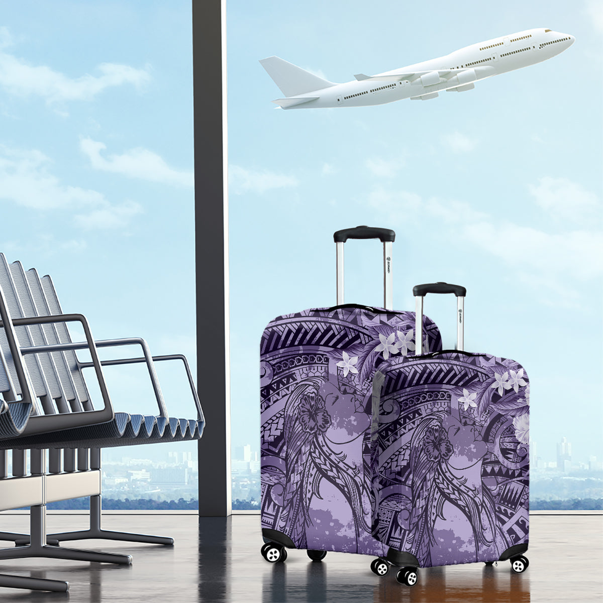 Pacific Beauty Girl Luggage Cover Violet Polyneisan Tribal Vintage Motif