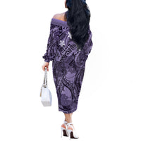 Pacific Beauty Girl Off The Shoulder Long Sleeve Dress Violet Polyneisan Tribal Vintage Motif